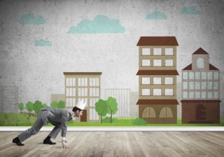 King businessman in elegant suit running and cityscape silhouette at background
