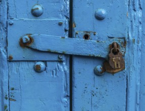 Vintage Sturdy Blue Wooden Door With Heavy Metal Lock