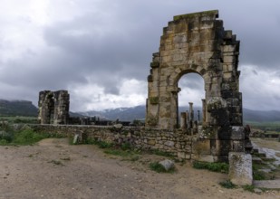 Volubilis, Morocco, 3 March, 2024: view of the temple ruins in the Berber-Roman city of Volubilis