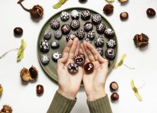Two hands hold beautiful hand-painted chestnuts with different motifs over a plate full of autumn