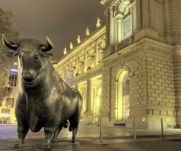 Bull sculpture at night, Stock Exchange, Frankfurt, Germany Frankfurt, Germany