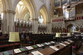 Interior view, choir stalls, Wells Cathedral, Wells, England, Great Britain