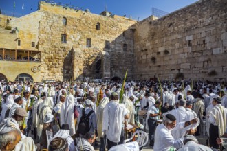 JERUSALEM, ISRAEL - SEPTEMBER 26, 2018: The blessing of the Cohanim. Jews praying wrapped in