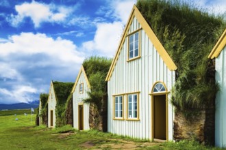 The village of ancestors in Iceland. The recreated village - museum of pioneers - Vikings. Houses