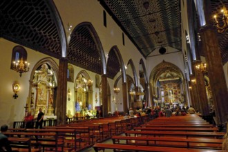 Funchal Cathedral, late Gothic church, bishop's seat, interior, coffered wooden ceiling, Funchal,