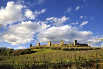 View of the walled city of Monterigioni in Tuscany, Italy