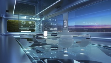 Modern sci-fi futuristic interior office design with green wall plant and beautiful night scene
