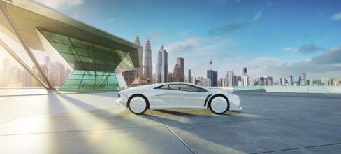 Empty cement floor with modern building exterior and brandless electric EV car. 3d rendering
