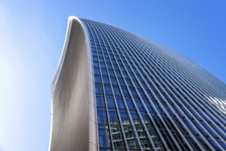 London, UK, May 14, 2019: Low angle view of 20 Fenchurch skyscraper in London agaisnt blue sky.
