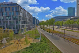 City view with playground and modern buildings under a clear blue sky, street scene,