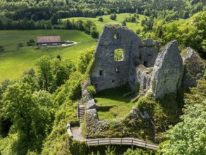 Historic site ruins of the Château de Löwenburg, drone image, Pleigne, Jura, Switzerland