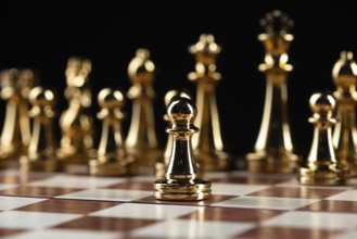 Golden chess figures standing on wooden chessboard. Intellectual duel and tactical battle in