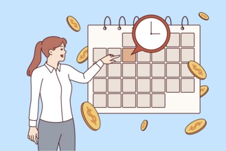 Payment calendar near business woman studying schedule of mandatory expenses and interest payments