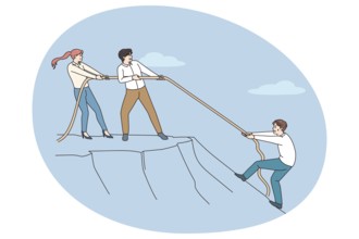 Diverse employees throw rope help colleague climb up hill. Coworkers help person showing support