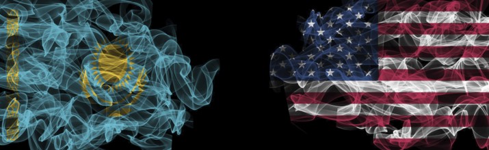 Flags of Kazakhstan and USA on Black background, Kazakhstan vs USA Smoke Flags