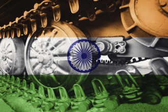 Military tank close-up Caterpillar Track with Indian flag Background