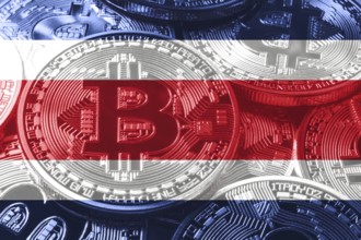 Costa Rica bitcoin flag, national flag cryptocurrency concept black background