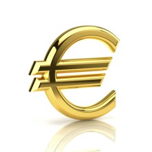 Euro sign, made of gold, stands upright on a white background