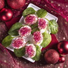 Boiled eggs with red beet sprouts