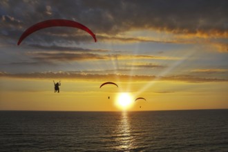 Operated parachutes above the sea on a sunset