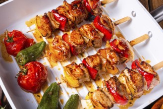 Marinated kebabs with meat and vegetables