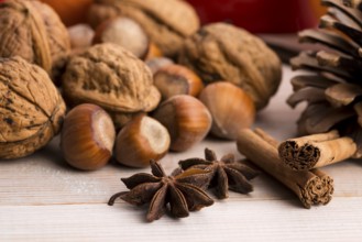 Different kinds of spices, nuts and dried oranges - christmas decoration, lodz, poland