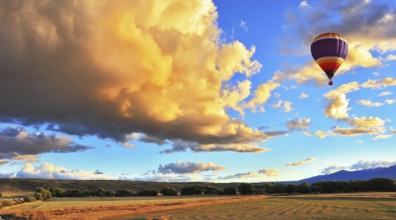 The huge rain cloud lit orange sunset. In the sky flying multicolored balloon