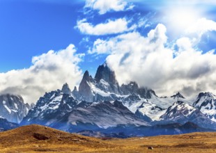 The famous ridge Mount Fitz Roy and the Patagonian prairie. Argentine Patagonia. Desert and