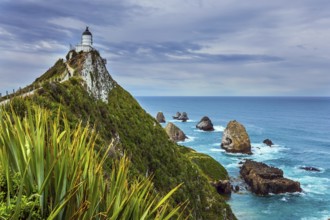 The picturesque coast of the Pacific Ocean. Nugget Point Lighthouse on the picturesque Cape Nugget.