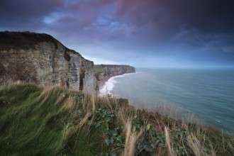 Sunrise over cliff in ocean, Etretat, Normandy, France