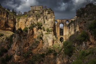 Spain, Ronda, picturesque Andalucia landscape with Puente Nuevo bridge over the El Tajo gorge