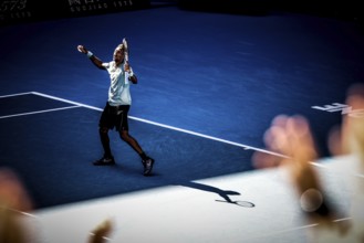 MELBOURNE, AUSTRALIA - JANUARY 18: Gael Monfils of France celebrates beating Taylor Fritz of USA on