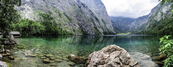 Scenic view of Obersee lake in Bavaria a misty day. Panorama
