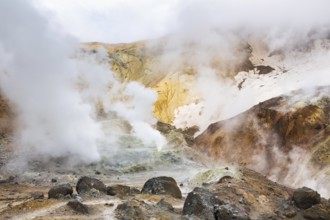 Volcanic landscape, crater of active volcano: hot spring, fumarole, lava field, gas-steam activity.