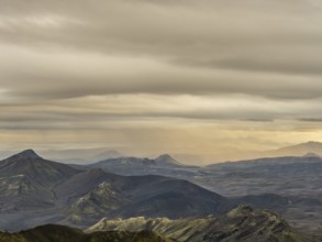 View from Mount Sveinstindur, volcanic landscape, moss-covered hills, mountains, Icelandic