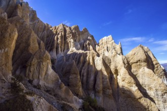 Jagged sharp pinnacles and ridges separated by narrow ravines. New Zealand, South Island. Clay