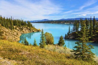 Indian summer in Canada, warm sunny day in autumn. Abraham Lake is the most beautiful lake in the