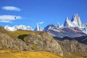 Amazing tops of Mountains Fitzroy are lit with the midday sun. Patagonia in February