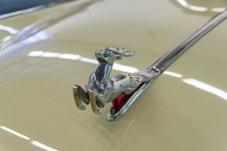 Moscow, Russia, November 10, 2018: The classic emblem of the Volga GAZ M-21 cars, a figure of a