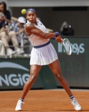 American tennis player Coco Gauff in action at the French Open 2024, Roland Garros, Paris, France.