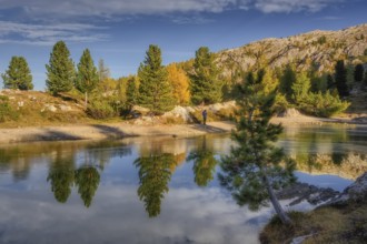 Panorama of the lake Lago di Limedes with the reflection of the surrounding mountains
