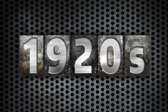 The word 1920s written in vintage metal letterpress type on a black industrial grid background