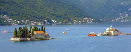 Perast, Montenegro Church of Our Lady of the Rocks and Island of Saint George, Bay of Kotor banner