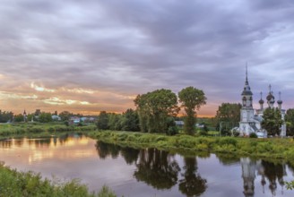 Landscape of Vologda river with Presentation of Jesus Church, Vologda, Russia. Sunset
