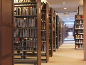 Rows of bookshelves in a library