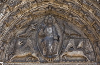 West façade, central royal portal around 1160, tympanum Christ in the mandorla and evangelist