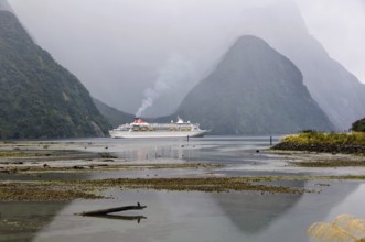 Cruise ship in the evening of an overcast day in the majestic Milford Sound on the South Island of