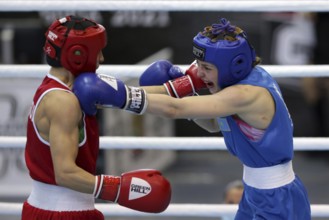 Sofia, Bulgaria. 27th February, 2021. Stoyka Krasteva (red) of Bulgaria and Angelina Lukas of