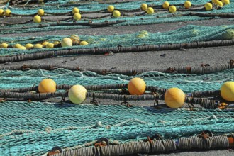 Fishing nets in the port of Loctudy, Finistere, Brittany, France spreading for drying Fishing nets