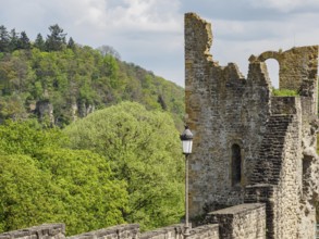 Castle ruins surrounded by a lush forest, old stone tower with wall and lantern in the foreground,